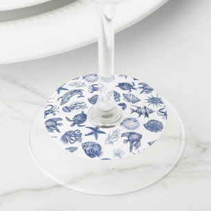 Étiquette Pour Verre De Vin Mariage à l'aquarelle moderne bleu de plage côtièr