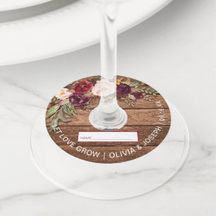 Étiquette Pour Verre De Vin Mariage Bois Floral Bourgogne Rustique