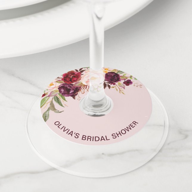 Étiquette Pour Verre De Vin Mariage Bourguignon Floral Rose (De près)
