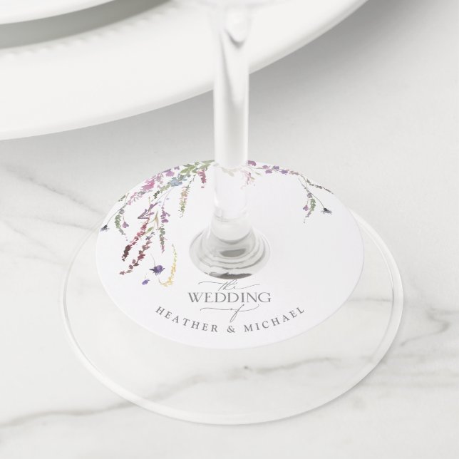 Étiquette Pour Verre De Vin Mariage de calligraphie Fleur sauvage violet (De près)