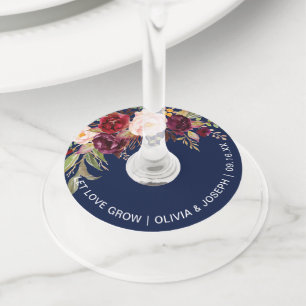 Étiquette Pour Verre De Vin Mariage Fleur Bourgogne Bleu Marine
