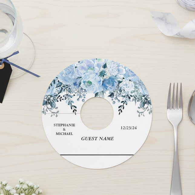 Étiquette Pour Verre De Vin Mariage Floral Aquarelle Bleu Fleur (Créateur téléchargé)
