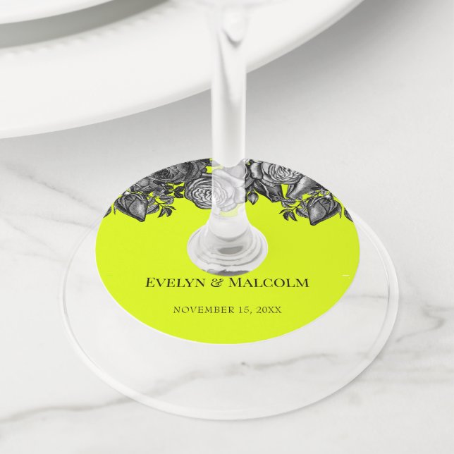 Étiquette Pour Verre De Vin Mariage vert de rose noir et blanc (De près)