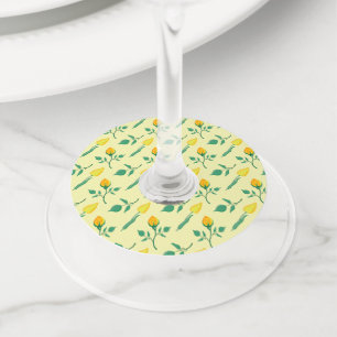 Étiquette Pour Verre De Vin Motif floral avec fleurs de rose jaune et tulipe