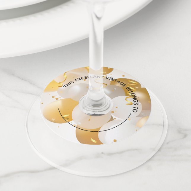 Étiquette Pour Verre De Vin Papier à ballons or et blanc (De près)