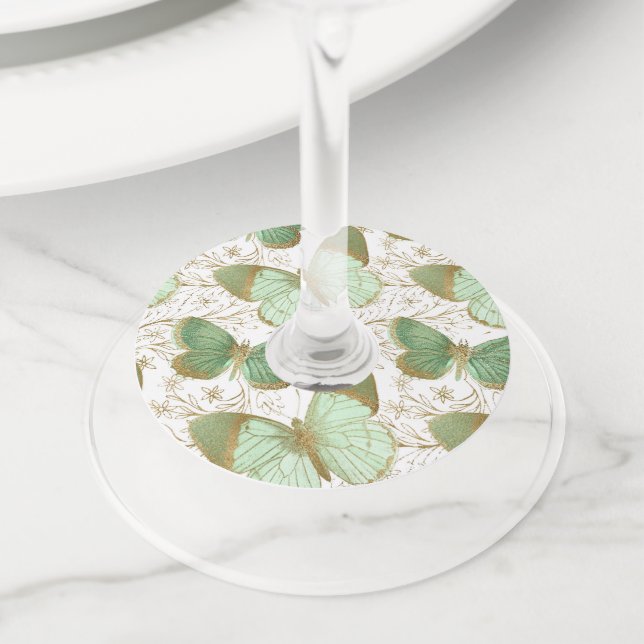 Étiquette Pour Verre De Vin Papillon vert Fleur florale blanche (De près)