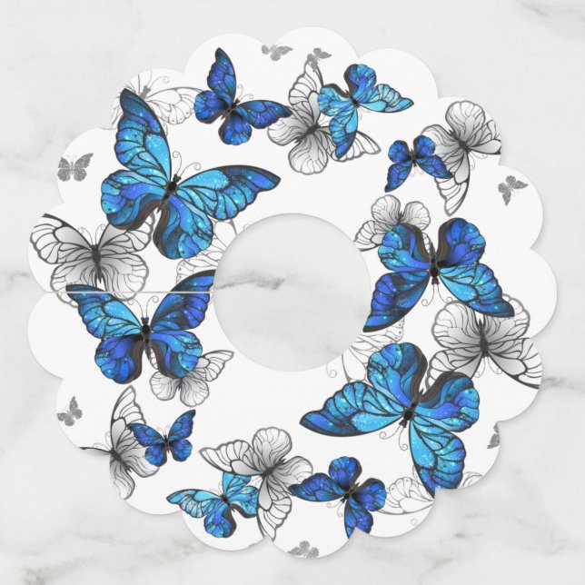 Étiquette Pour Verre De Vin Papillons volants bleus Morpho (Devant)