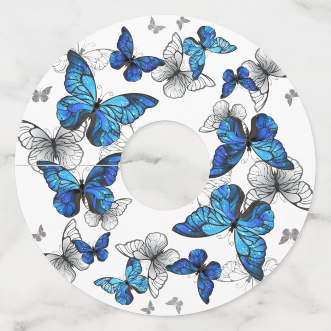 Étiquette Pour Verre De Vin Papillons volants bleus Morpho (Devant)