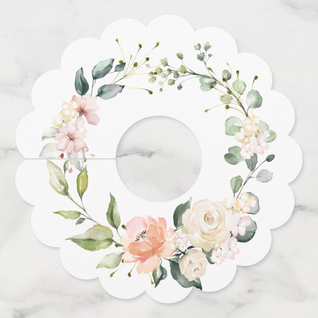 Étiquette Pour Verre De Vin Pêche et blanc Aquarelle Rose verdure (Devant)