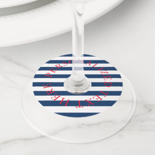 Étiquette Pour Verre De Vin Rayures bleues marine nautiques pour la fête de ma