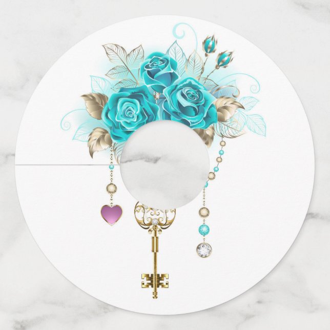 Étiquette Pour Verre De Vin Roses turquoise avec touches (Devant)
