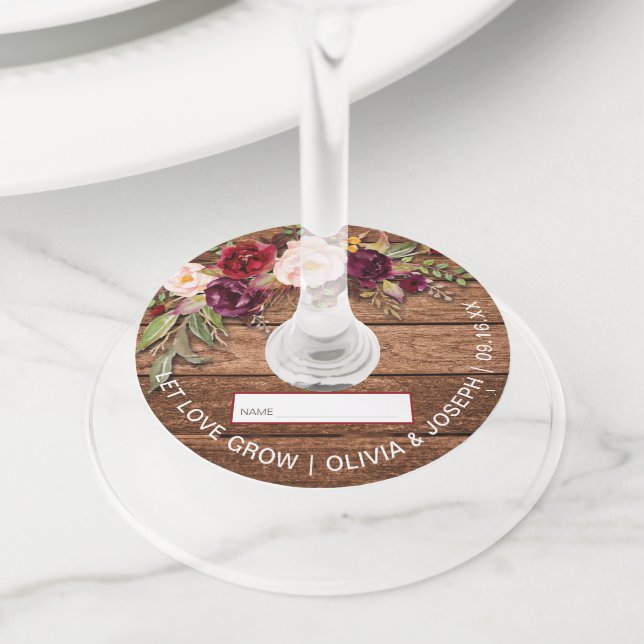 Étiquette Pour Verre De Vin Rustique Bourgogne Floral Mariage (De près)