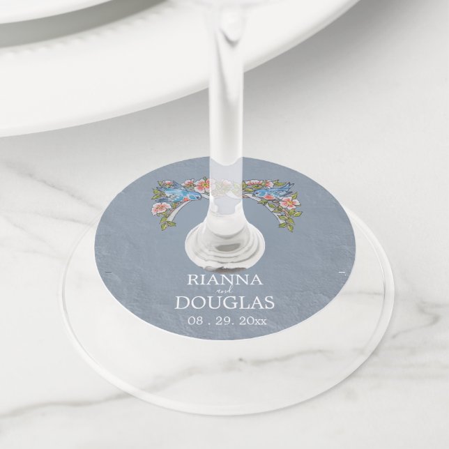 Étiquette Pour Verre De Vin Rustique Dusty Blue Floral Bird Mariage (De près)