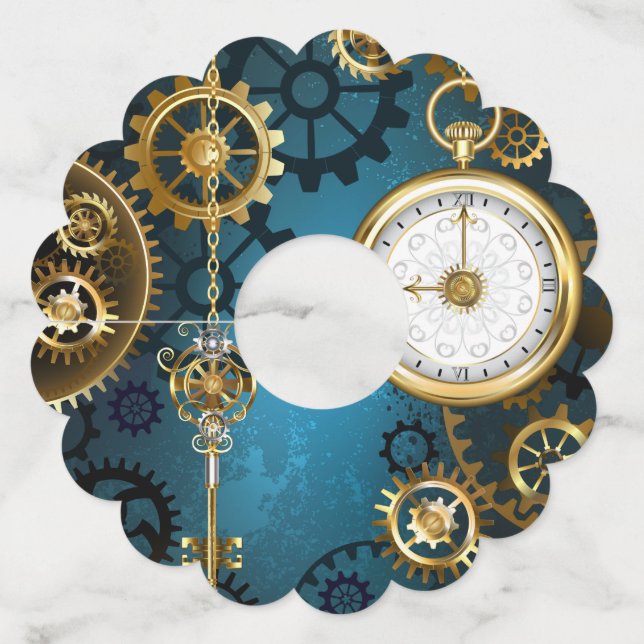 Étiquette Pour Verre De Vin Steampunk Arrière - plan turquoise avec Gears (Devant)