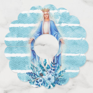 Étiquette Pour Verre De Vin Vierge Marie Dame de grâce Bleu Floral Aquarelle