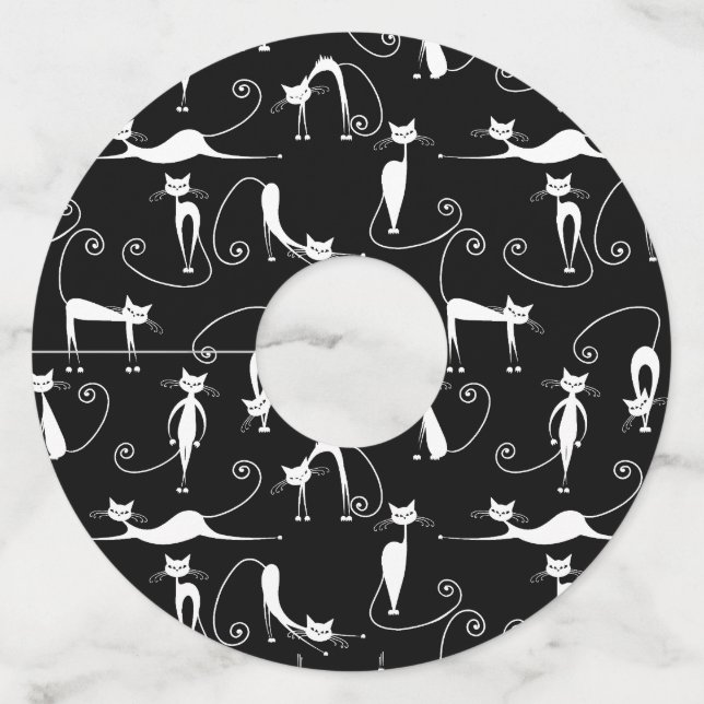 Étiquette Pour Verre De Vin Whimsical Motif de chat blanc maigre (Devant)