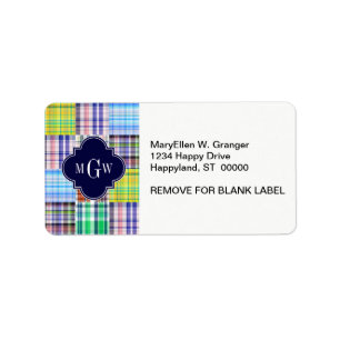 Étiquette Preppy Patchwork Madras Navy Quatrefoil Monogramme