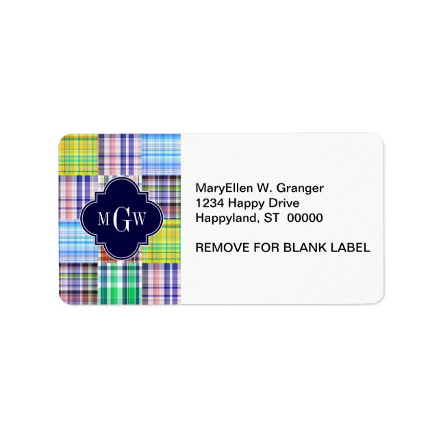 Étiquette Preppy Patchwork Madras Navy Quatrefoil Monogramme (Devant)