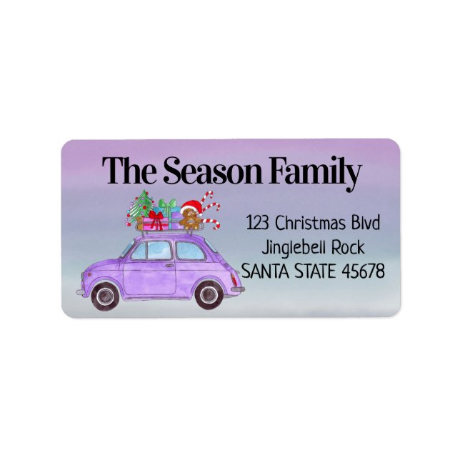 Étiquette Purple Retro Fiat 500 avec cadeaux de Noël (Devant)