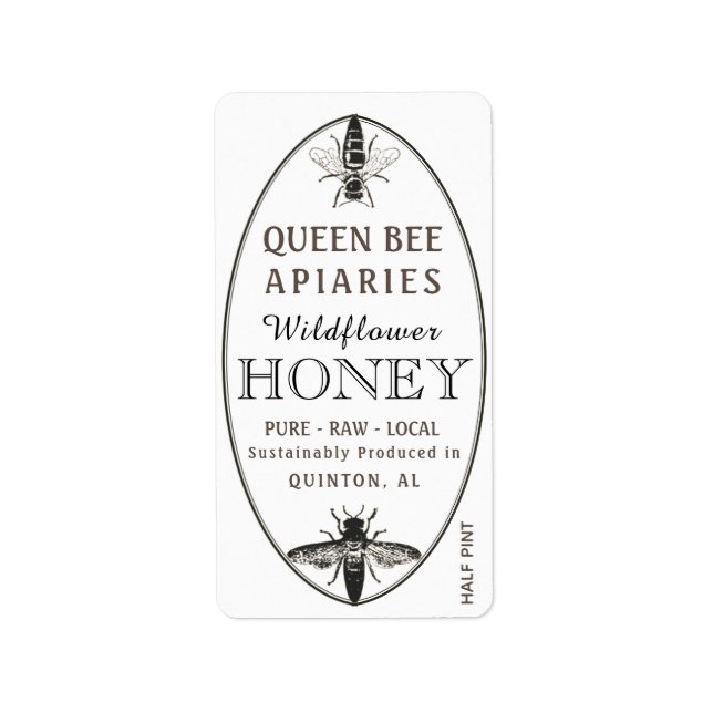 Étiquette Queen Bee Honey avec adresse ovale ou taille d'exp (Devant)
