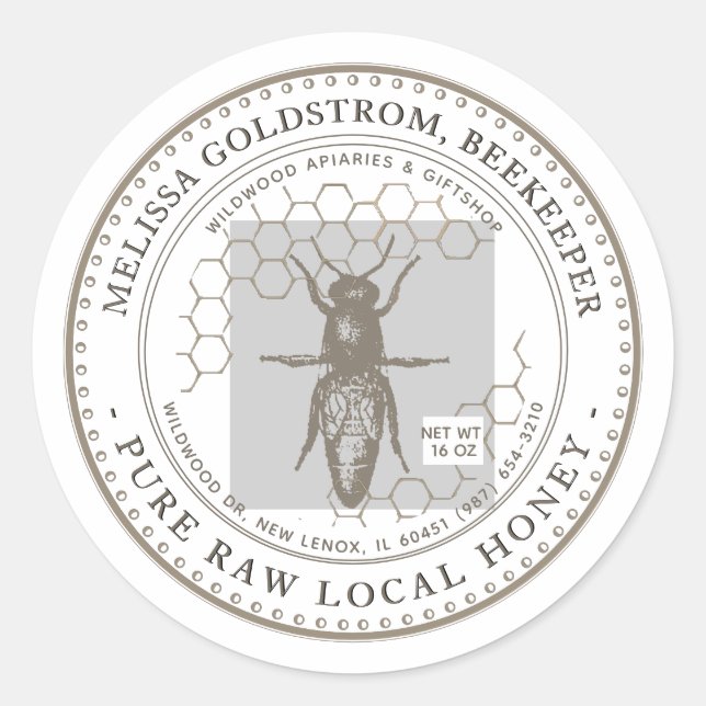 Étiquette Queen Bee Honey avec nid d'abeille taupe (Devant)