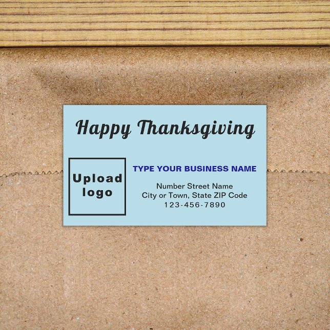 Étiquette Rectangle bleu clair de Thanksgiving pou (Your business brand with Thanksgiving greeting on light blue rectangle sticker.)