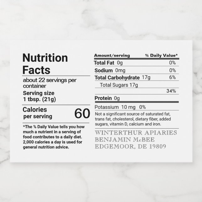 Étiquette rectangle de la valeur nutritive du miel (Étiquettes simples)