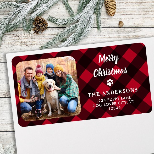 Étiquette Red Buffalo Plaid Joyeux Noël Photo personnalisée (Créateur téléchargé)