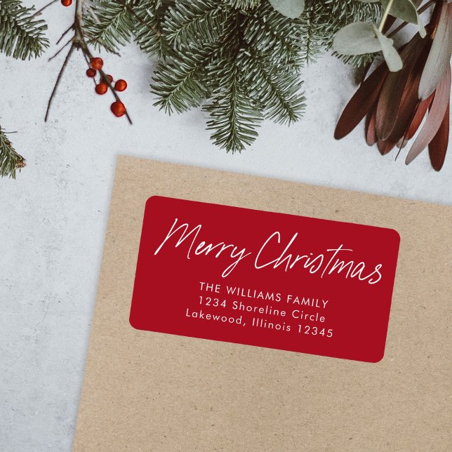 Étiquette Red Calligraphy Joyeux Noël Adresse de retour (Créateur téléchargé)