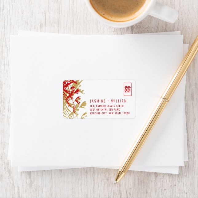 Étiquette Red & Gold Bamboo Feuille Adresse du Mariage chino (En situation)
