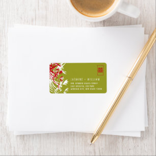 Étiquette Red & Green Bamboo Feuille Adresse du Mariage chin