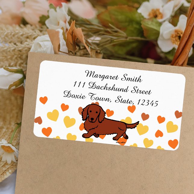 Étiquette Red Long Haired Dachshund 1 (Red Long Haired Dachshund Return Address Label featuring Dachshund Walking.  Cute Cartoon Design.)