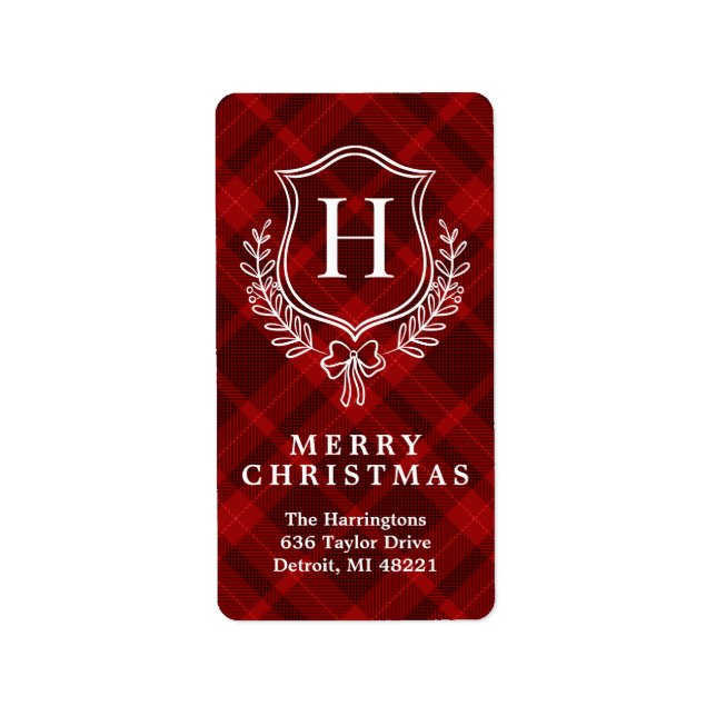 Étiquette Red Plaid Monogramme Christmas Adresse de retour (Devant)