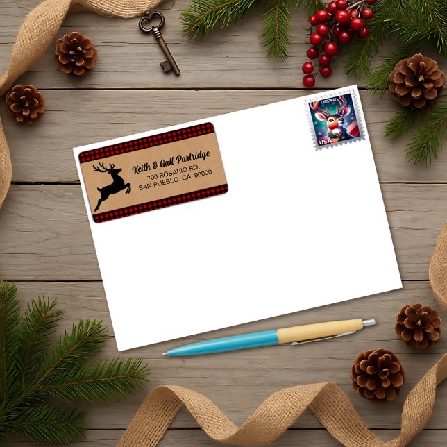 Étiquette Rindeer rouge rustique et noir plat Noël personnal (Créateur téléchargé)