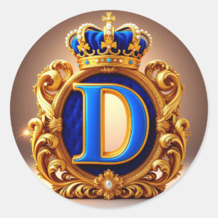 Étiquette ronde monogramme couronne lettre D bleue