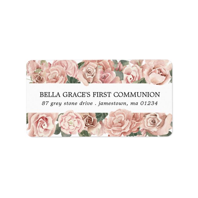 Étiquette Rose Floral Première communion Adresse de retour (Devant)