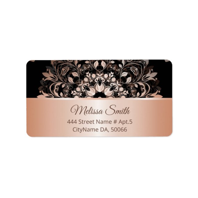 Étiquette Rose Gold Black Floral Mandala (Devant)