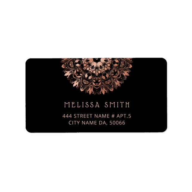 Étiquette Rose Gold Black Floral Mandala (Devant)