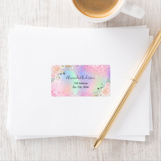 Étiquette Rose poudré holographique adresse de retour floral (En situation)