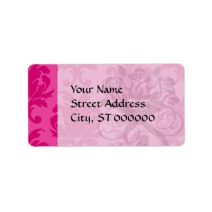 Étiquette rose vif sur motif damassé chic rose