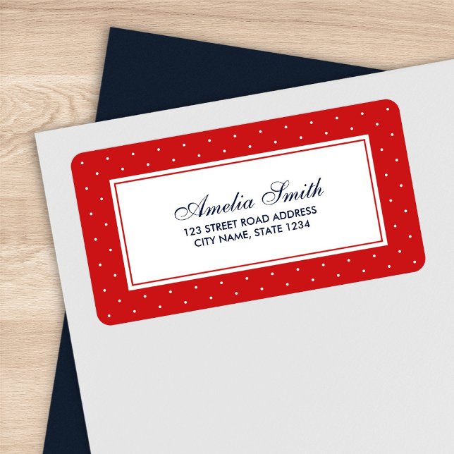Étiquette Rouge élégant avec l'adresse de point Polka blanc  (Créateur téléchargé)