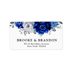 Étiquette Royal Bleu Blanc Argent Métallo Mariage Floral