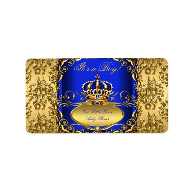 Étiquette Royal Blue Damask Gold Crown Baby shower Boy RB3 (Devant)