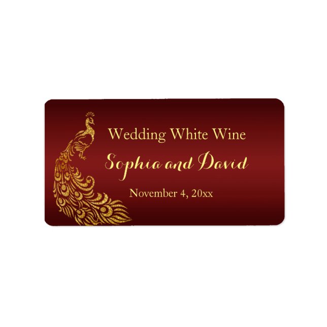 Étiquette Royal Burgundy Gold Peacock Mariage Vin Favoriser (Devant)