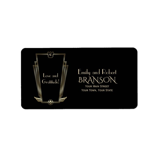 Étiquette Royal Gold Black Art Déco Mariage Monogramme (Devant)
