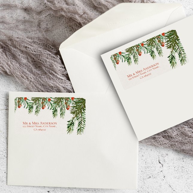 Étiquette Russe Feuille Red Berry Mariage de Noël Adresse (Rustic Leaves Red Berry Christmas Wedding Address Label)