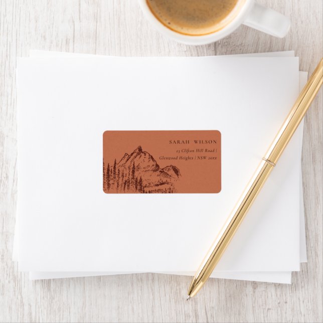 Étiquette Rust Orange Pine Woods Mountain Sketch Adresse (En situation)
