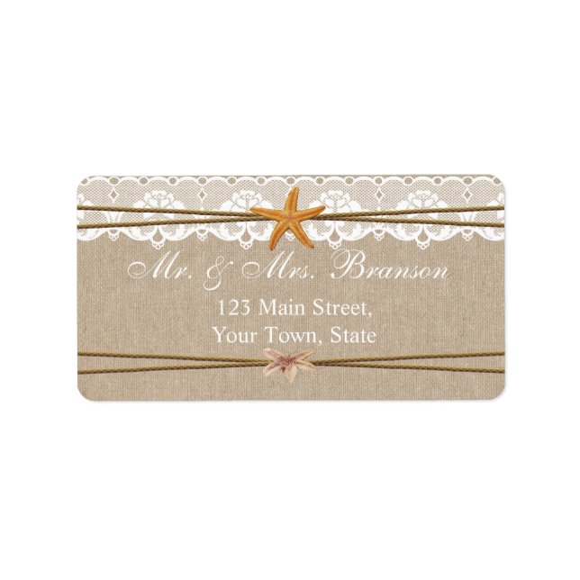 Étiquette Rustic Beach Starfish Dentelle Mariage personnalis (Devant)