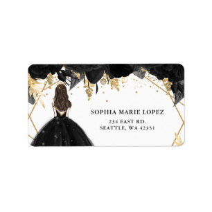 Étiquette Rustic Black Gold Floral Princess Quinceanera