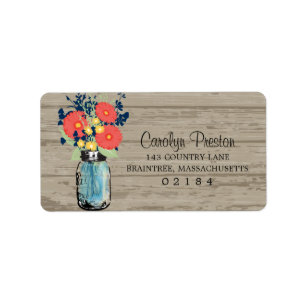 Étiquette Rustic Blue Mason Jar Coral Gerber Daisies